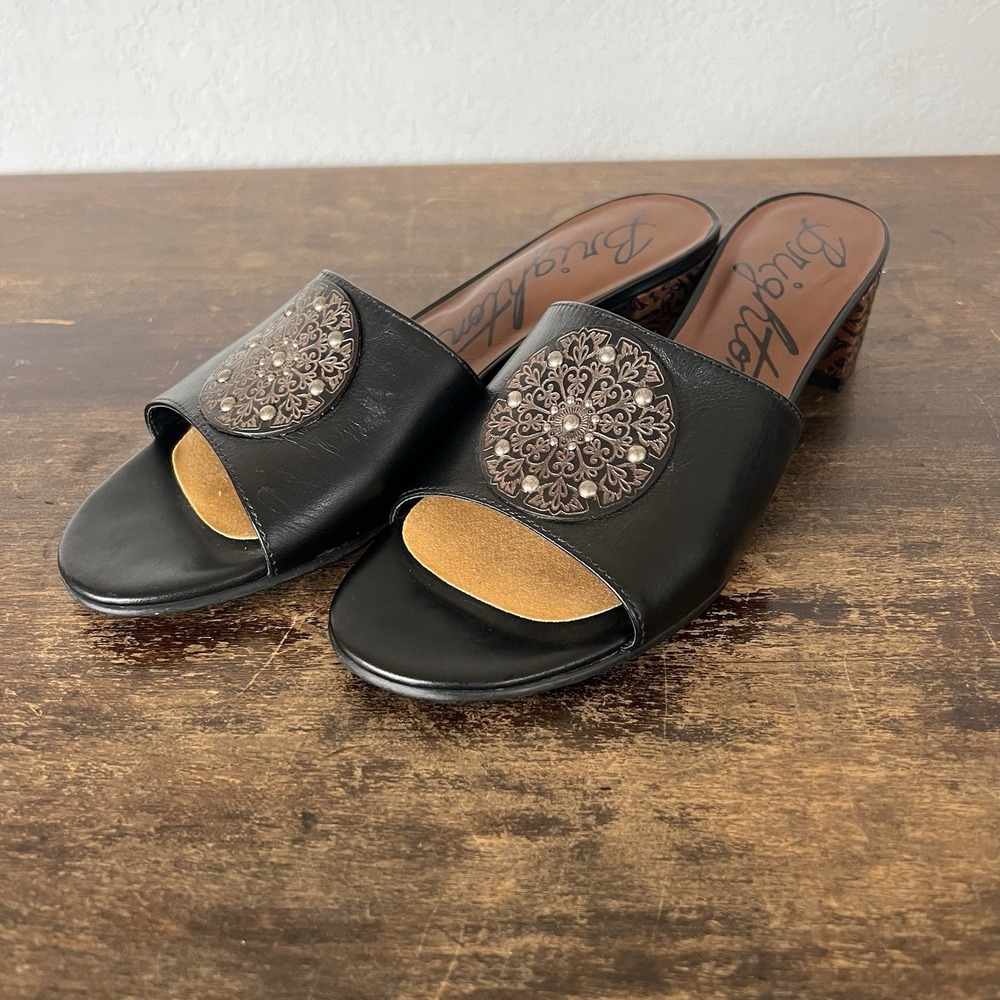 Brighton Karla Ferrara Black Leather Shoes Sandals Slide Block Heel Size 6.5 EUC